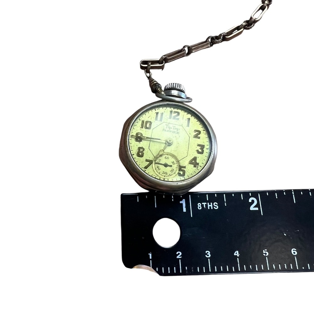 Vintage Tip Top Service Pocket Watch with T-Bar Fob Chain Silver Tone Antique - Picture 6 of 6